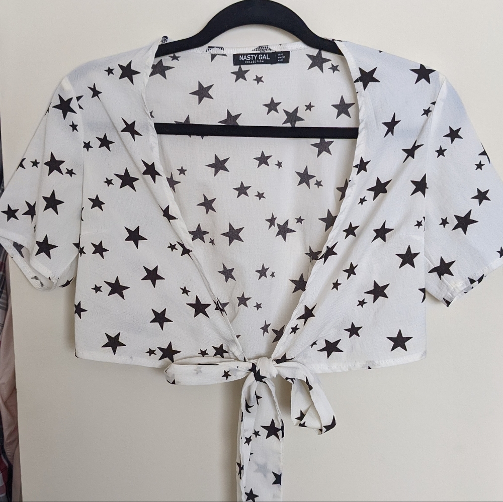 White & Black Nasty Gal Starred Wrap Around Sheer Cropped Top (0)